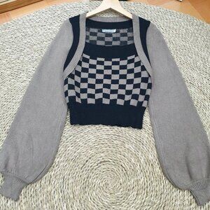 Black Gray Checkered Knit Sweater Balloon Sleeve Crop Retro Top